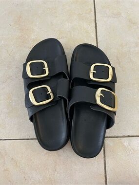 Black Double-Buckle Slide Sandals with Gold Hardware